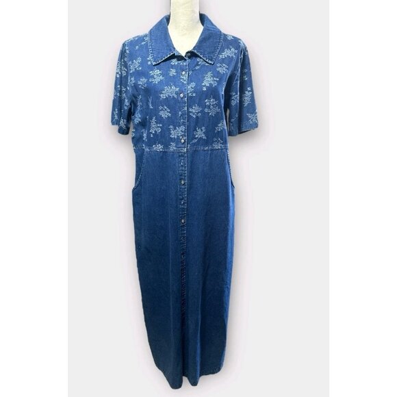 Vintage EJM Womans Size 12 Button Front Midi Floral Denim Dress Embroidered - Picture 1 of 11